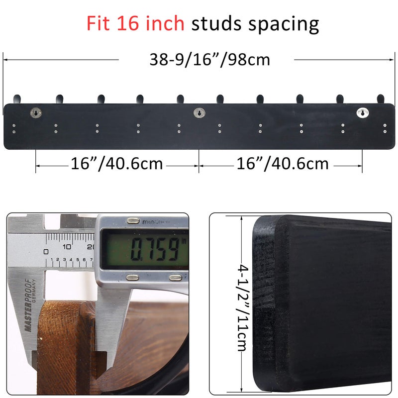 WEBI Coat Rack Wall Mount,38 9/16" Long,10 Tri Hooks for Hanging Coats,16" Hole to Hole,Wood Coat Hooks Wall Mounted,Wall Coat Hanger for Clothes,Jacket,Hats,Rustic Black,2 Packs - Image 2